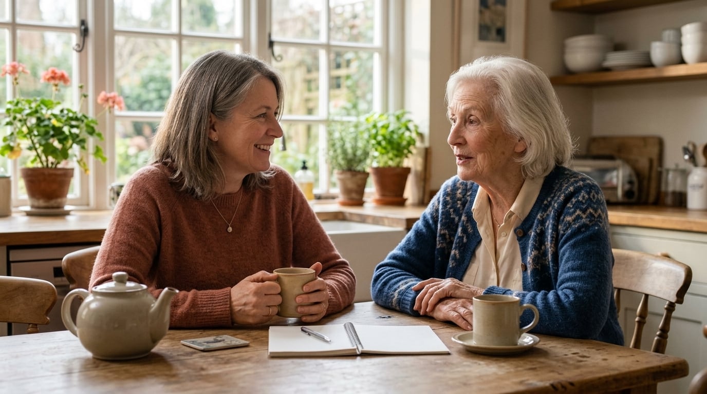 Adult daughter and her mother talking together at a sunlit kitchen table with a notebook, planning a course of physical therapy
