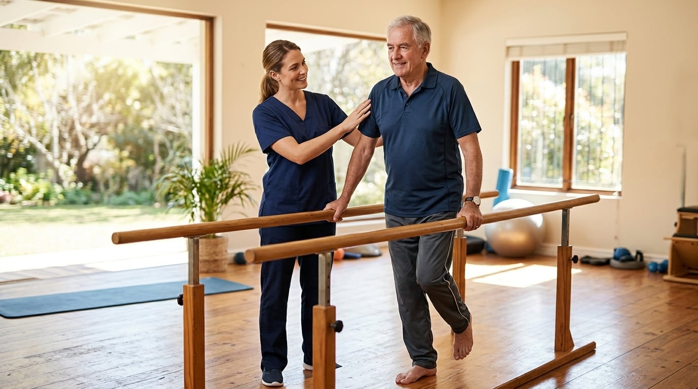 Older man practising a single leg balance exercise at the parallel bars while a physical therapist guides him, showing steady progress over a course of sessions