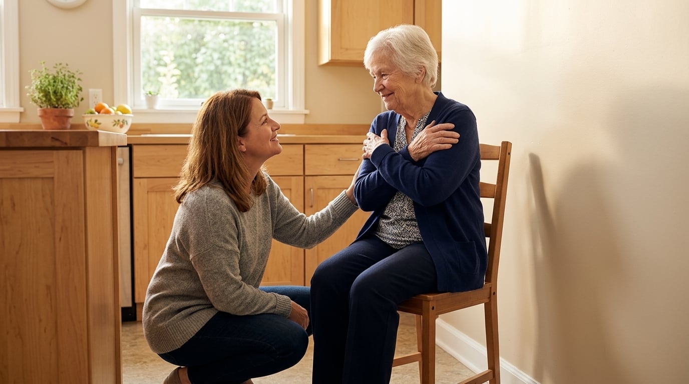 An adult daughter encouraging her mother through the 30-second chair stand test at home in Salem, Oregon