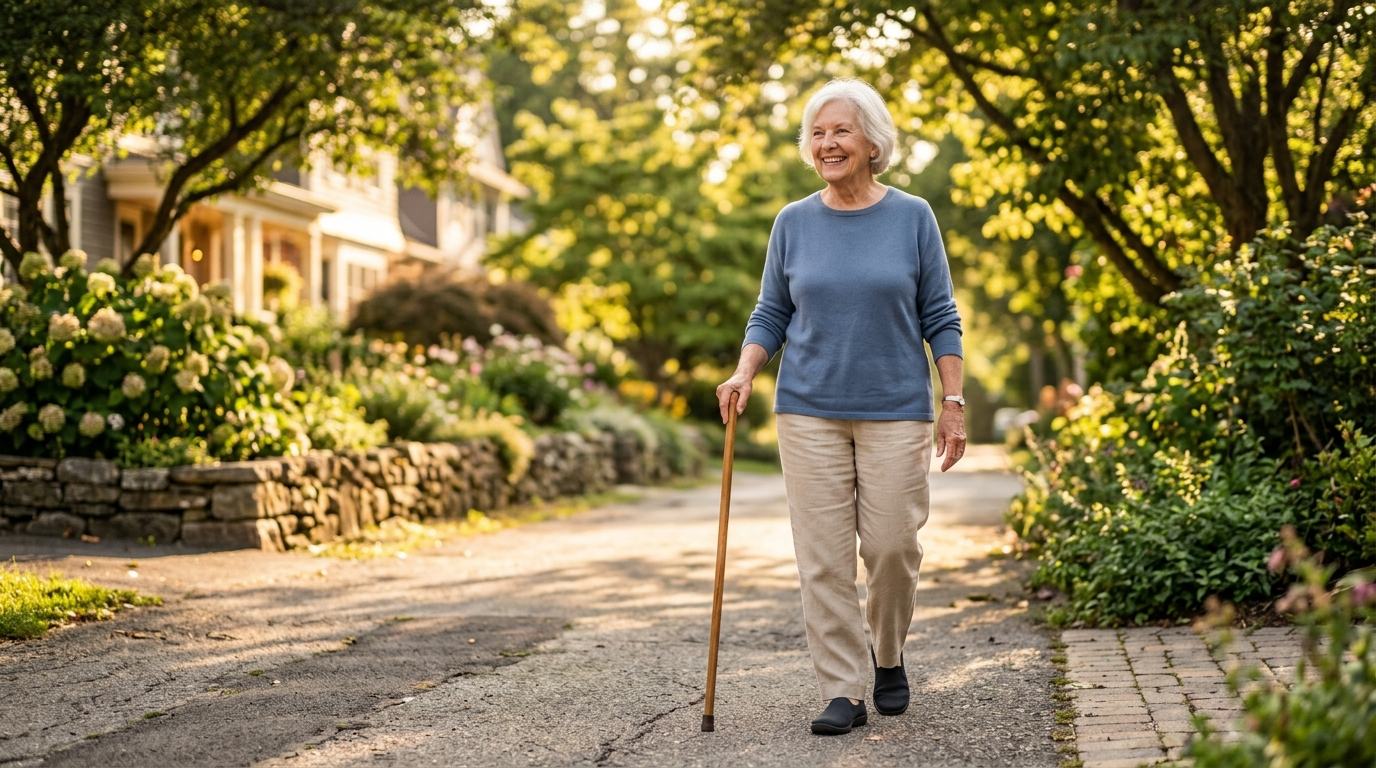 Older woman walking comfortably along a sunny footpath using a plain walking stick
