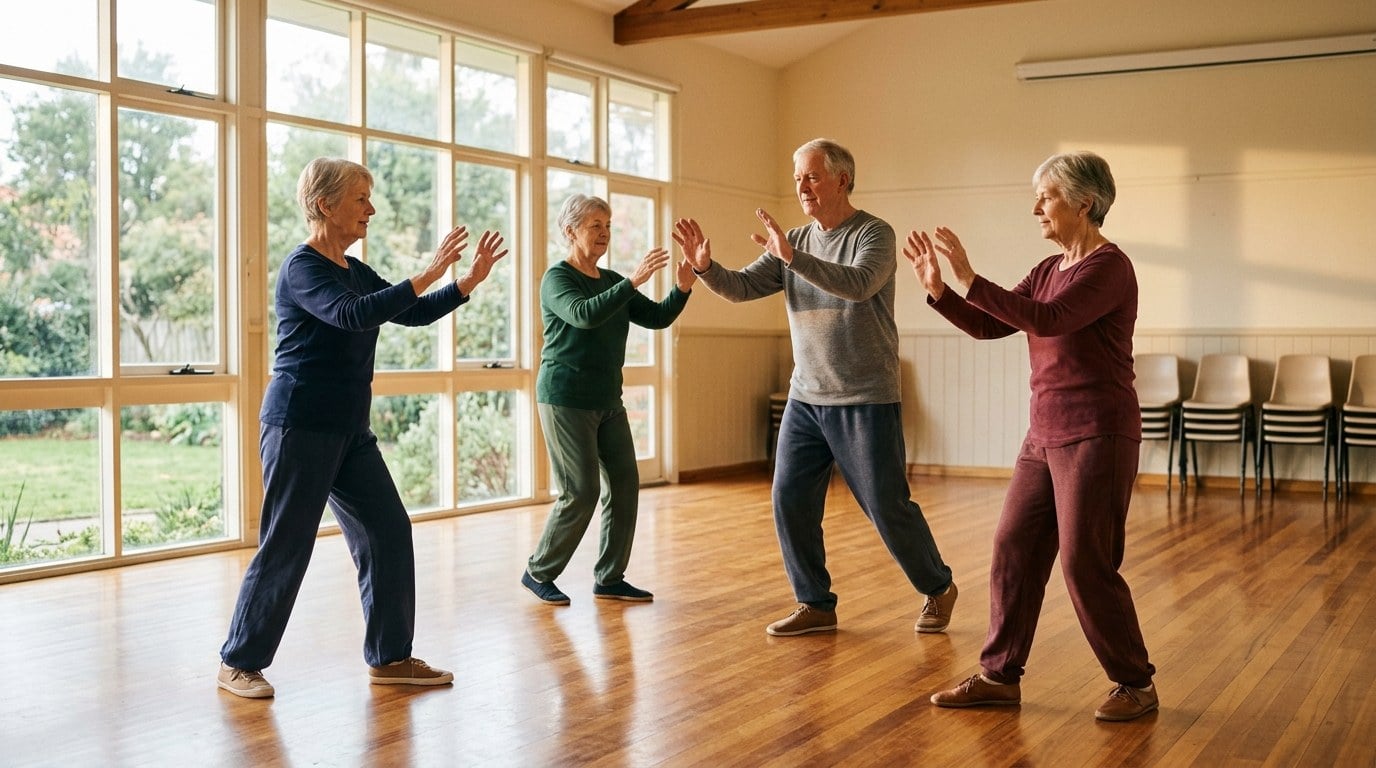 Four older adults practicing a slow tai chi movement together in a bright community hall