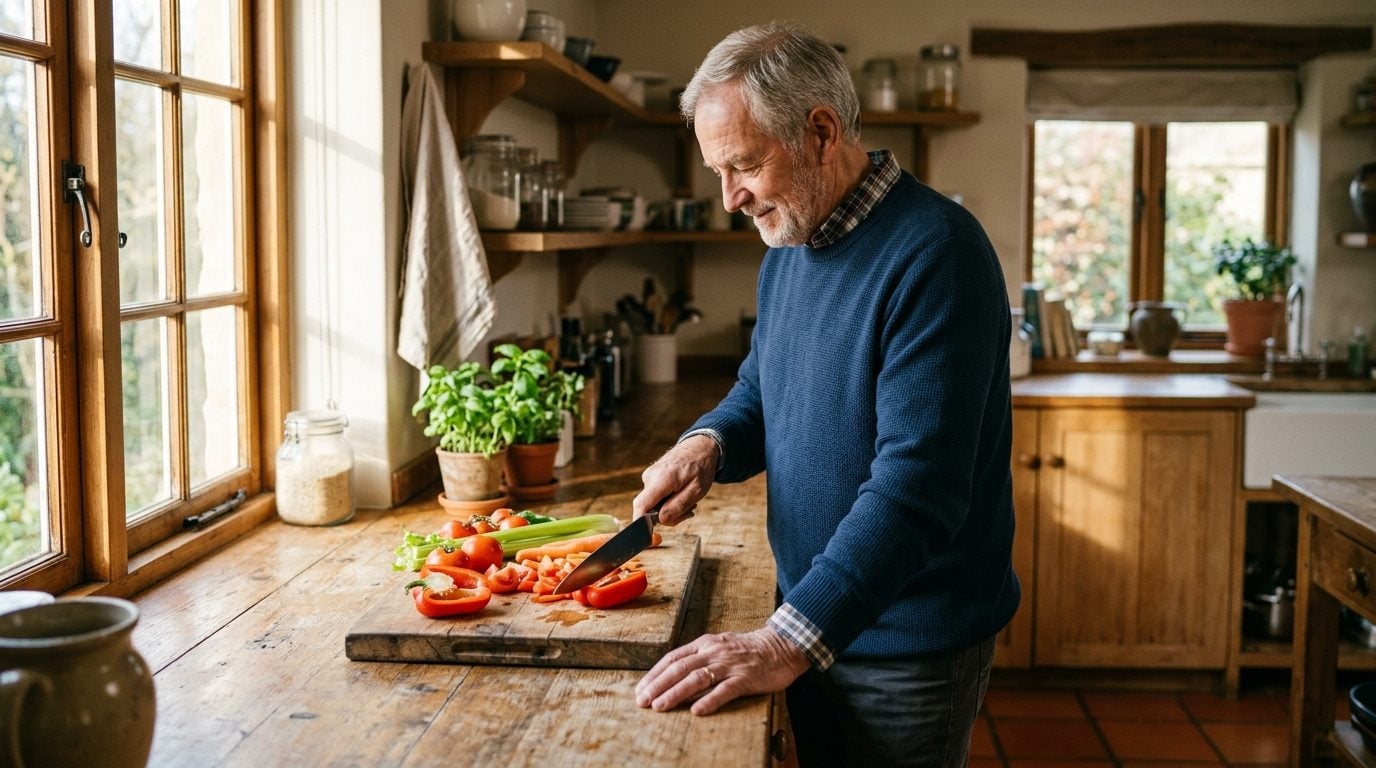 Older man rests one hand on a kitchen counter for support while standing to prepare food