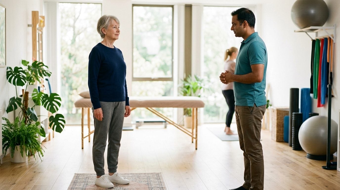 Physical therapist assesses an older woman's standing posture in a Salem physical therapy clinic