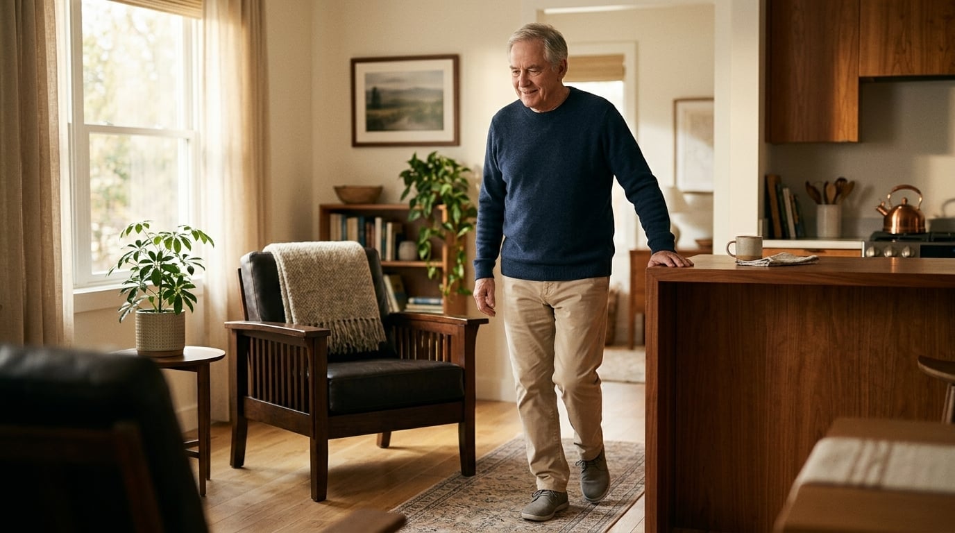 An older man steadying himself on a kitchen counter as he straightens up after rising from an armchair