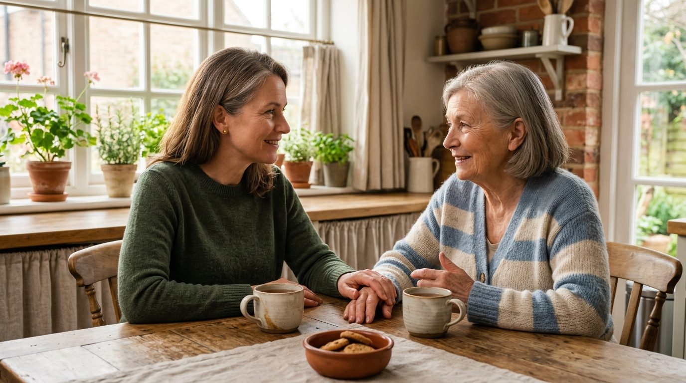 Adult daughter sitting at a kitchen table talking calmly with her mother about a medical report