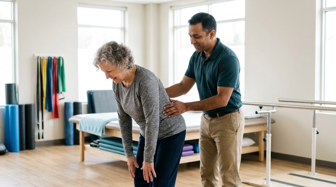 Physical therapist assessing an older woman's low back movement in a bright physical therapy clinic