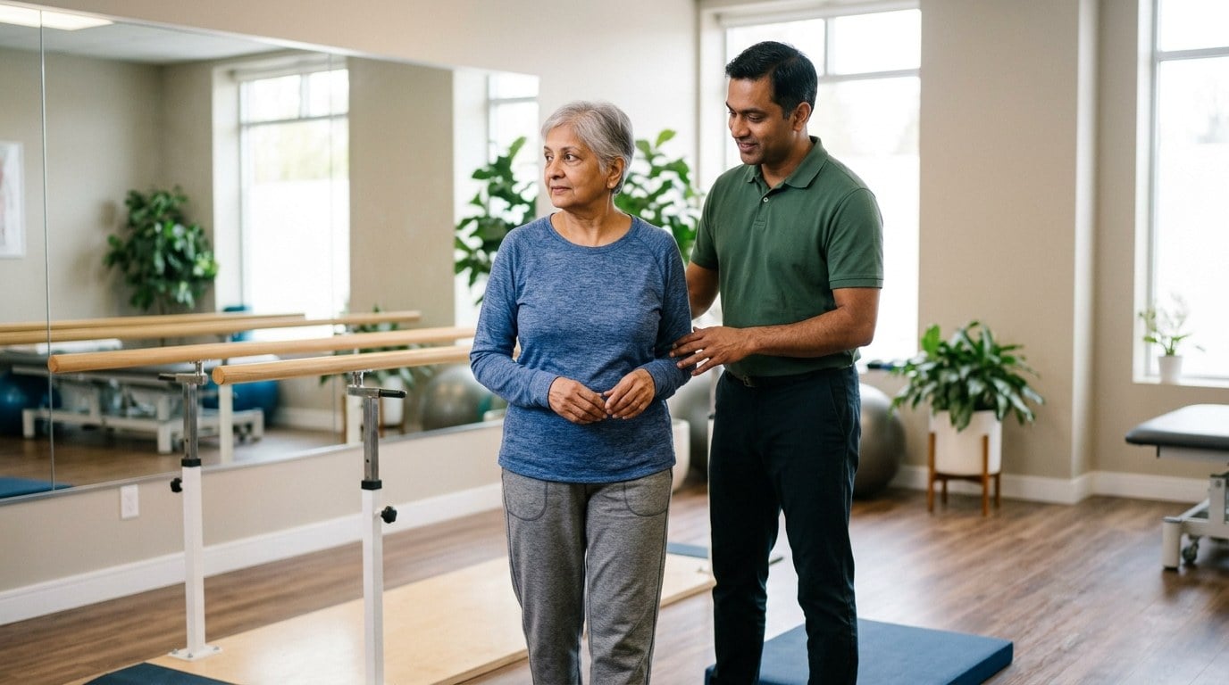Physical therapist guarding an older woman during a balance check in a Salem physical therapy clinic