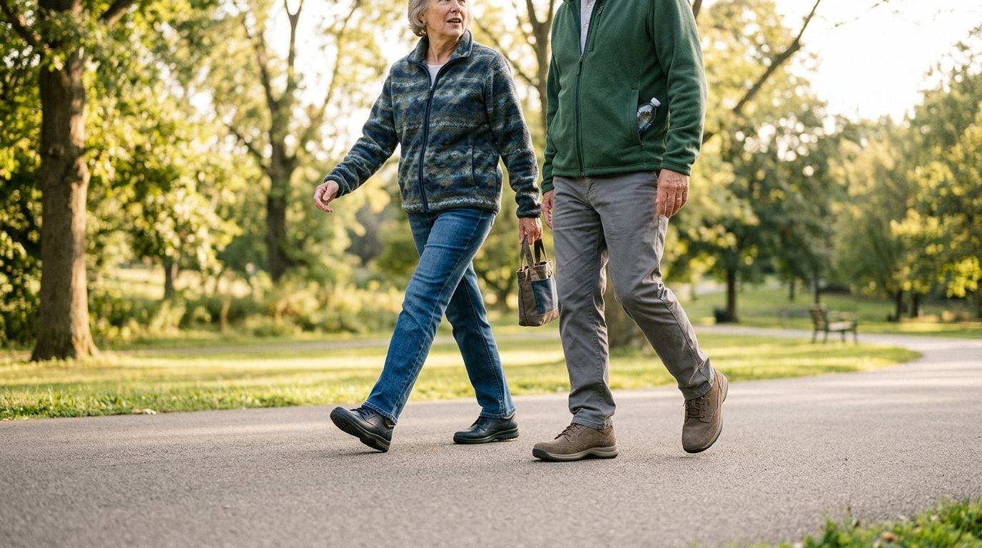 Older couple walking at an easy pace on a flat paved park path in sturdy walking shoes