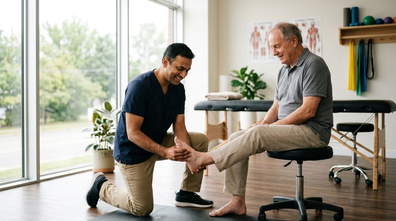Physical therapist gently examining the big toe joint of an older man seated in a bright clinic