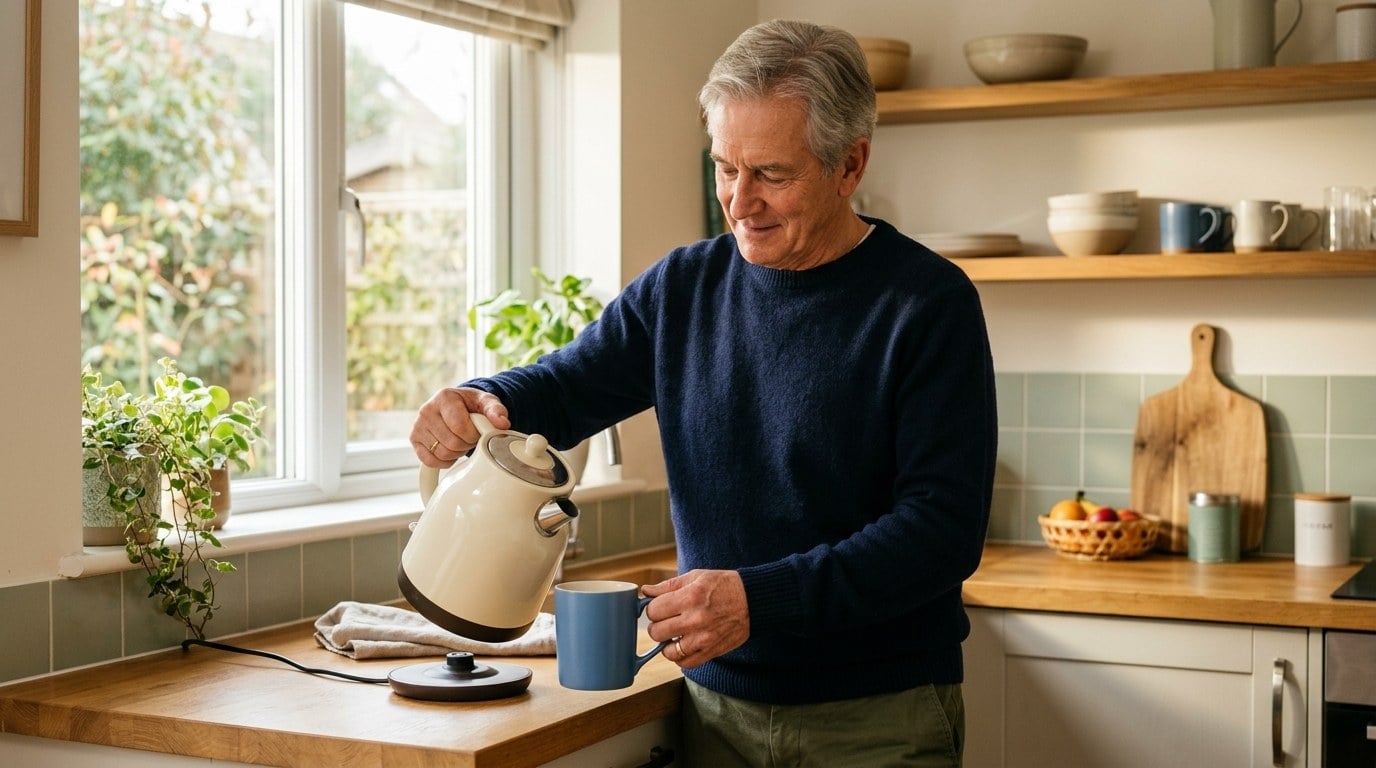 Older man lifting a full kettle in his kitchen, an ordinary task done with confidence after a fracture