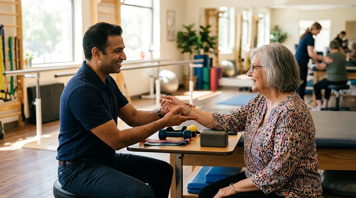 Physical therapist checking an older woman's wrist and forearm movement in a Salem physical therapy clinic