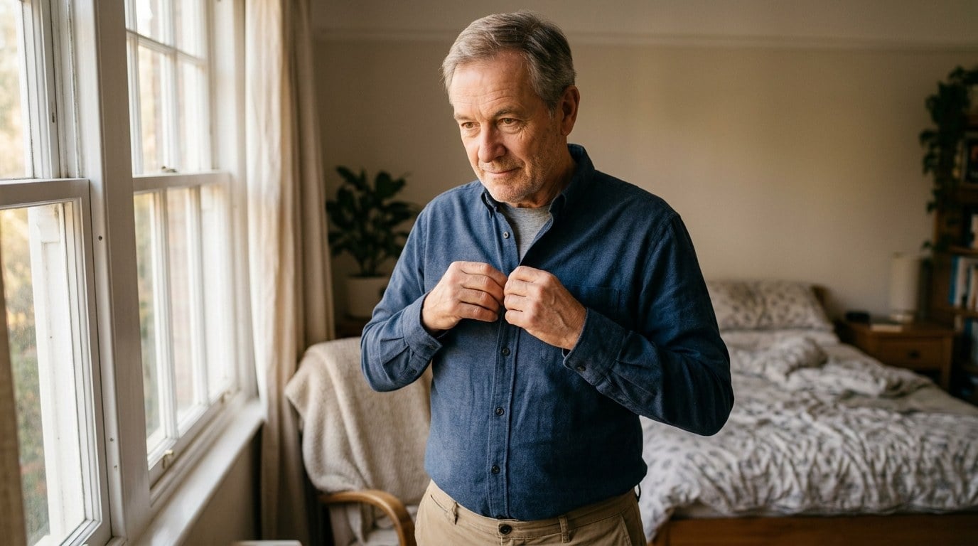 Older man carefully fastening a shirt button with both hands near a sunlit window