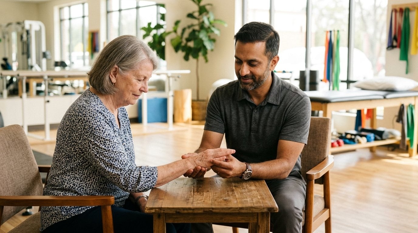 Physical therapist checking an older woman's hand and wrist movement in a Salem physical therapy clinic