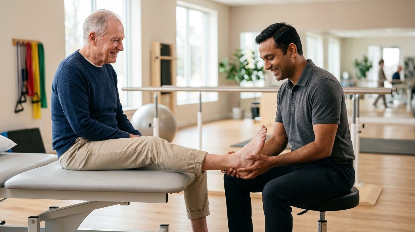 Physical therapist examining the heel and arch of an older patient in a Salem physical therapy clinic