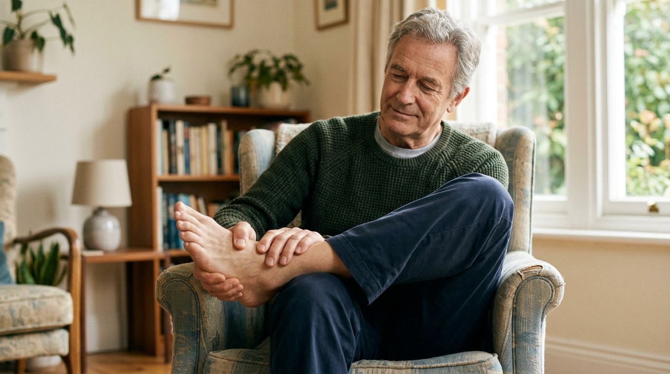 Older man seated in an armchair at home gently pressing his own heel and arch as a self check for heel pain