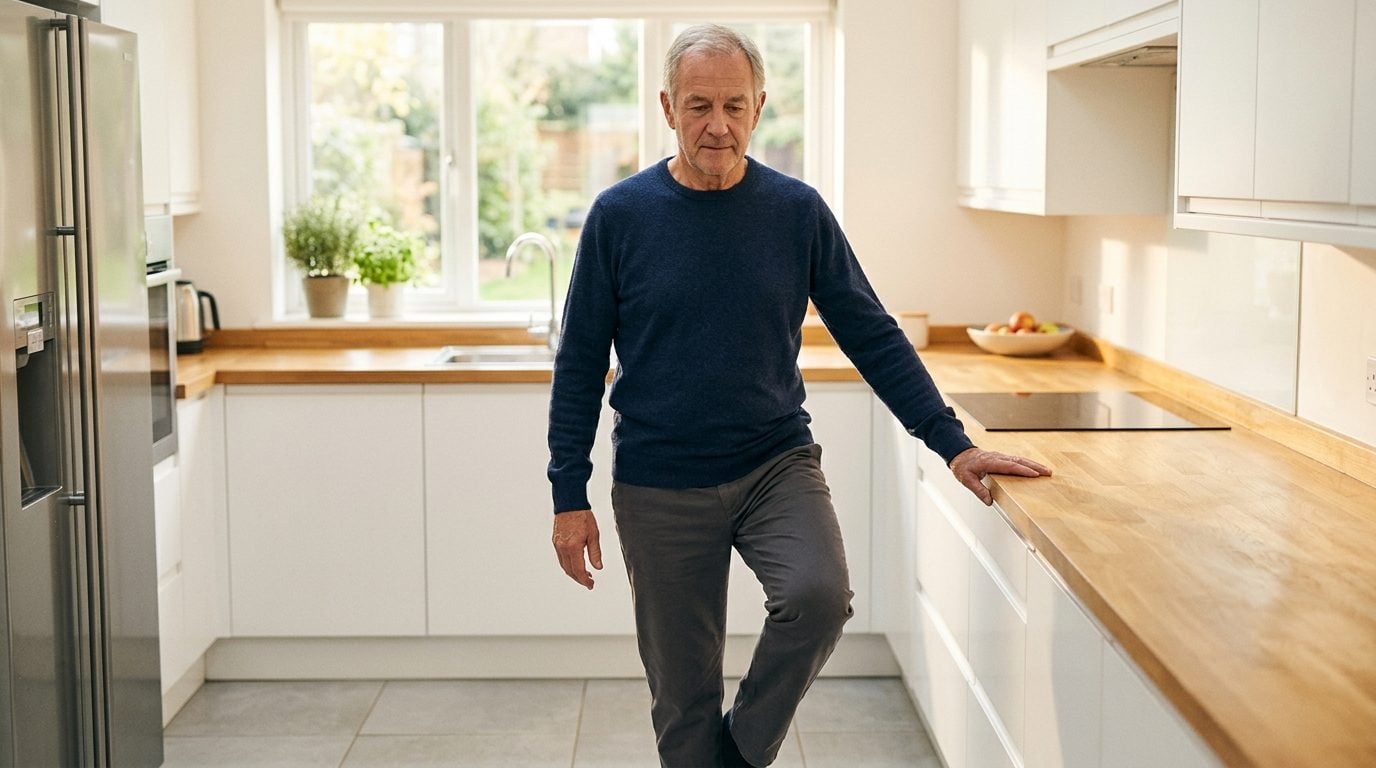 Older man standing on one leg in his kitchen with one hand resting on the countertop, performing a single leg balance test for hip pain