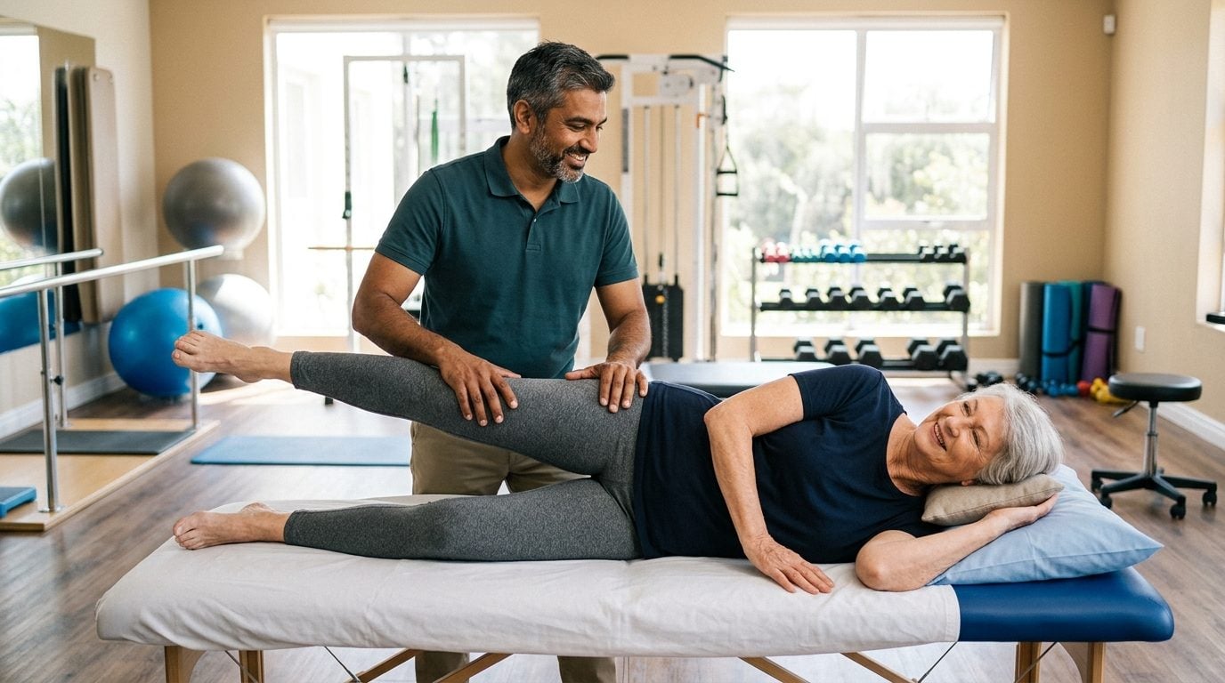 Physical therapist guiding an older woman through a side lying hip strengthening exercise in a bright physical therapy clinic