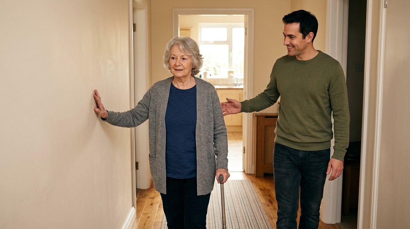 Older woman walking along her own hallway with a hand on the wall while her adult son stays close behind