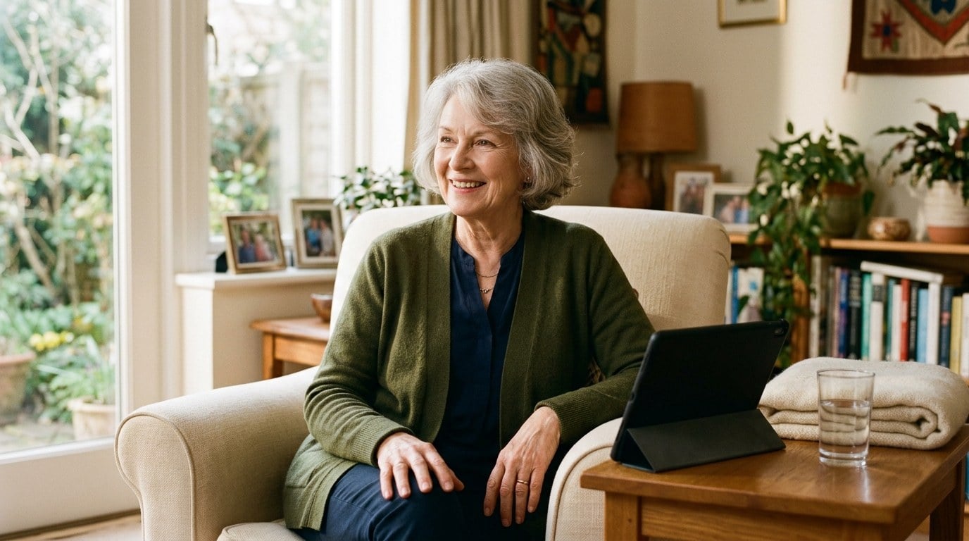 Older woman taking part in a video physical therapy appointment from her armchair at home