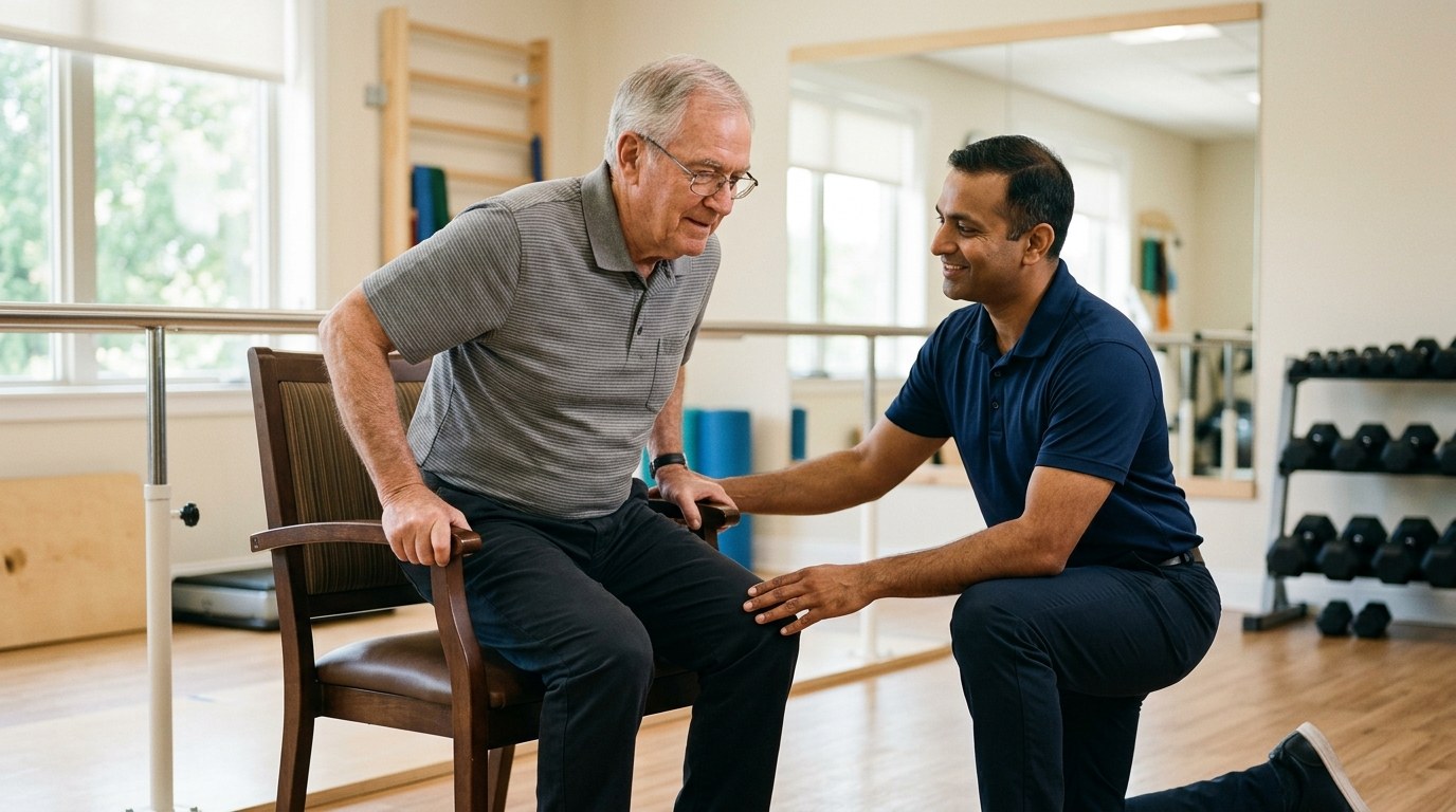 Physical therapist assessing an older man rising from a chair in a Salem physical therapy clinic