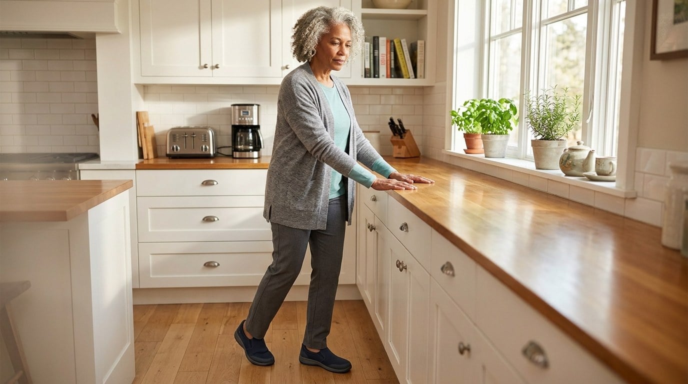 Older woman steadying herself with a hand on the kitchen counter during a safe supported weight shift