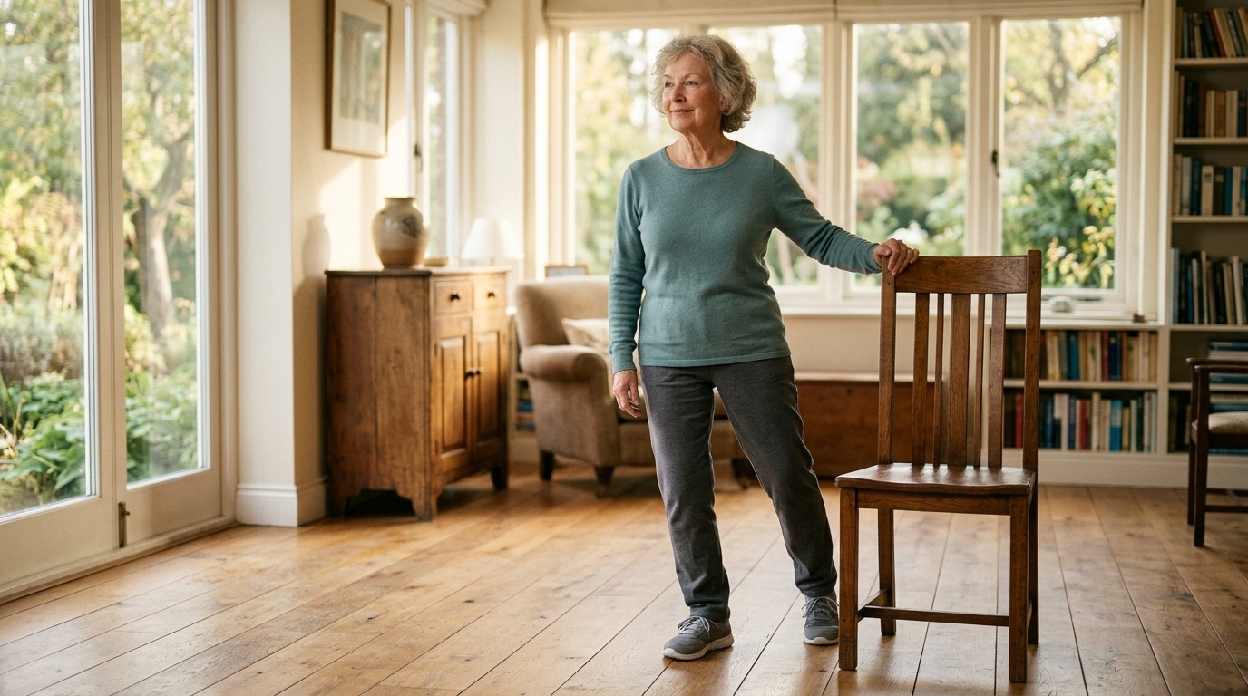 An older woman doing a supported standing balance exercise with one hand on a sturdy dining chair at home in Salem, Oregon