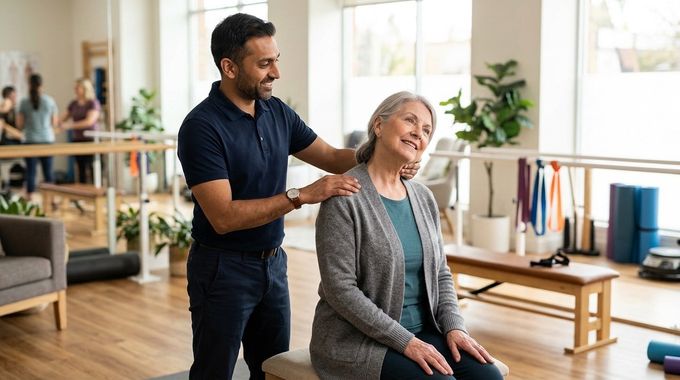 Physical therapist guiding an older woman through a gentle neck range of motion check in a Salem clinic