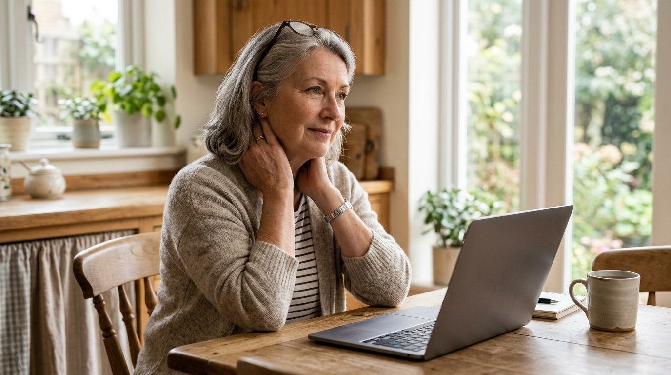 Older woman at a kitchen table pausing from her laptop to rub the back of her neck