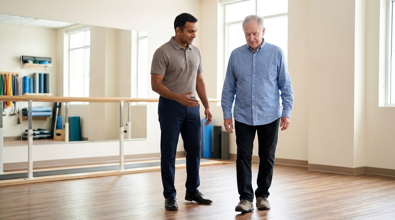 Physical therapist observing an older man walk across a Salem physical therapy clinic during a gait assessment