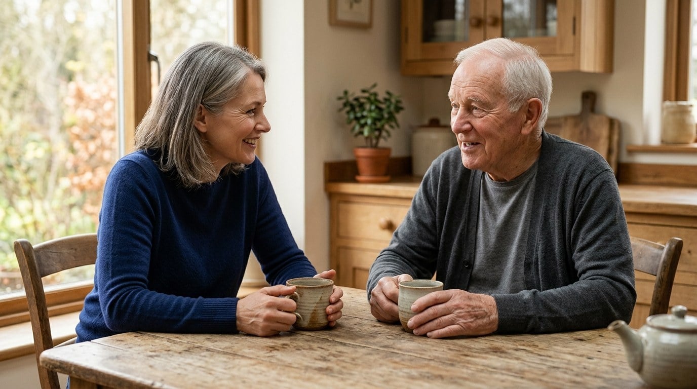 Adult daughter listening to her elderly father across a kitchen table over cups of tea