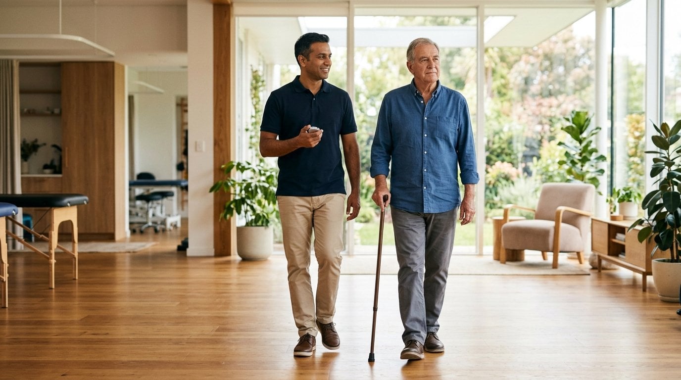 A physical therapist times an older man with a stopwatch as he walks across a bright physical therapy clinic, the walking speed measurement used to track real progress