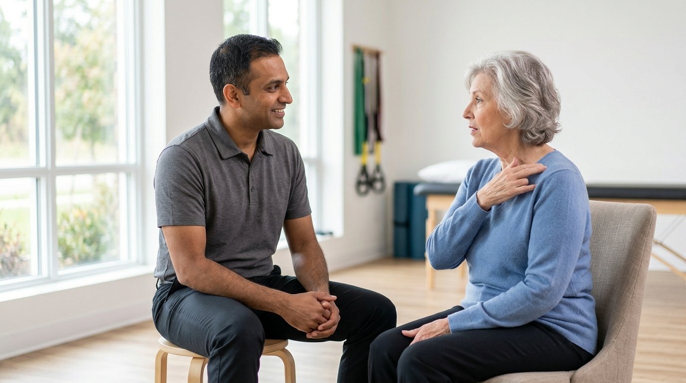 An older woman sits and talks with her physical therapist in a bright clinic, describing where her symptoms are while he listens, the kind of conversation that resolves most stalled treatment plans