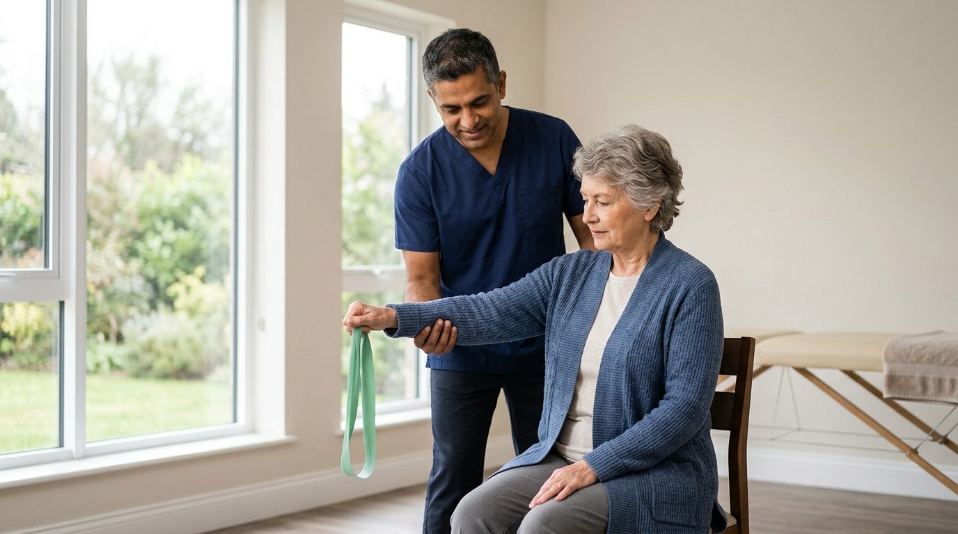 Physical therapist guiding a seated older woman through a shoulder rotation exercise with a resistance band in a bright clinic