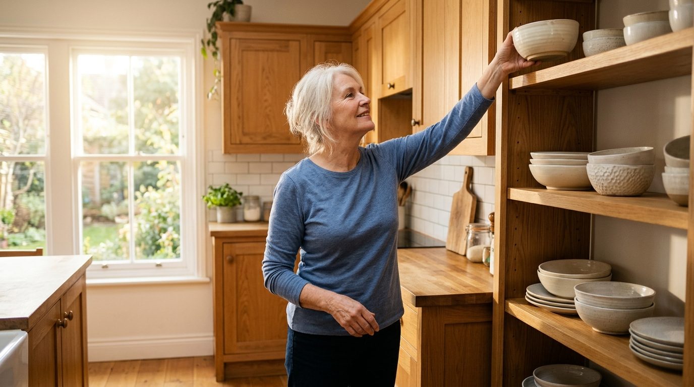 Older woman reaching up to place a bowl on a high kitchen shelf, one of the measurable goals for a trial of shoulder therapy