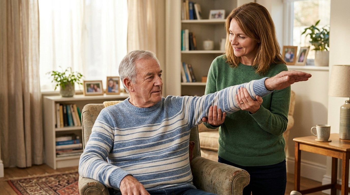 An adult daughter gently supports her father's forearm and elbow as she slowly raises his arm out to the side, the assisted movement used to compare active and passive shoulder range at home