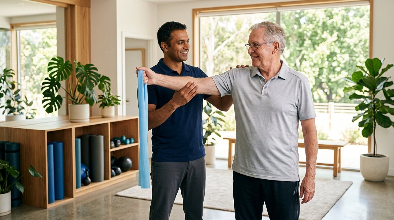 A physical therapist guides an older man through a shoulder exercise with a light resistance band in a bright physical therapy clinic in Salem, Oregon