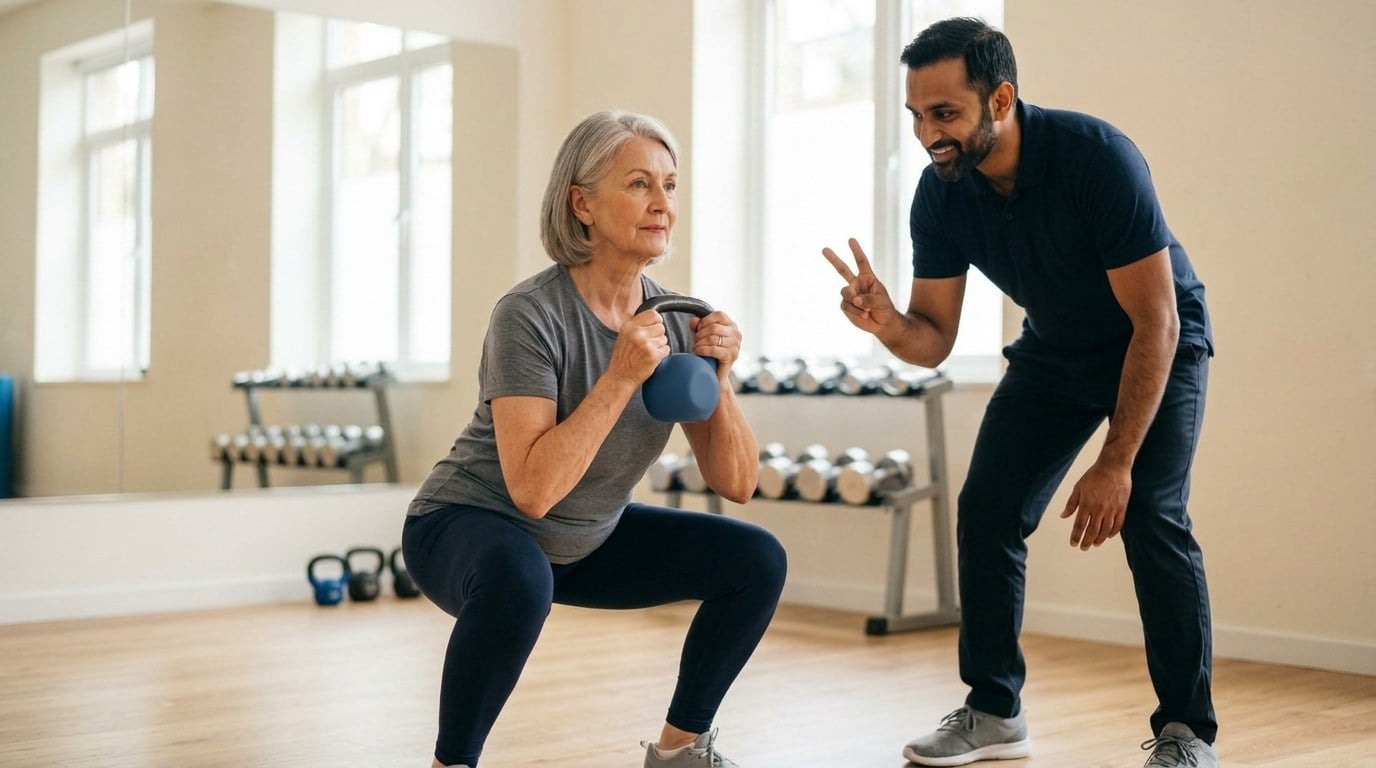 Physical therapist counting repetitions as an older woman performs a supported squat with a light kettlebell