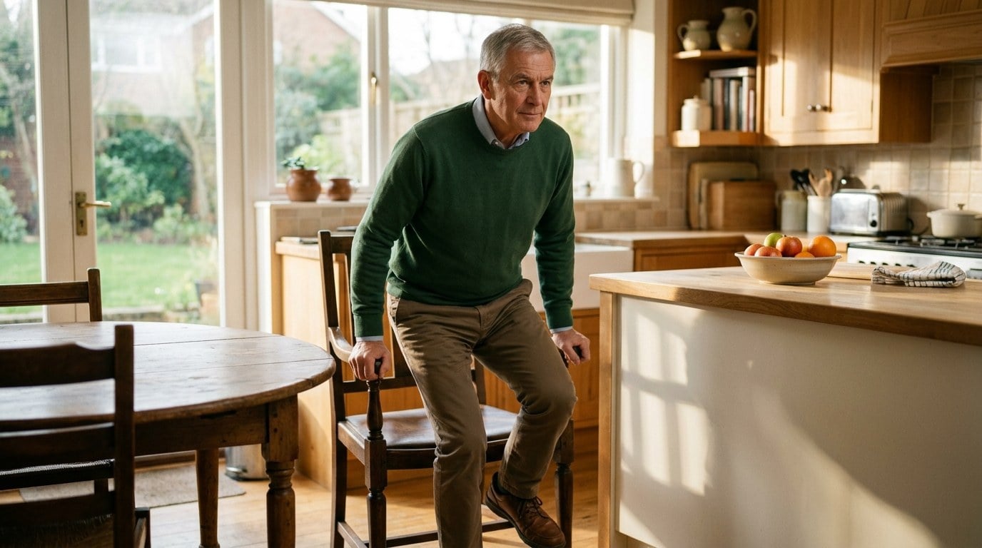 Older man rising from a sturdy dining chair in his own kitchen with a counter within reach