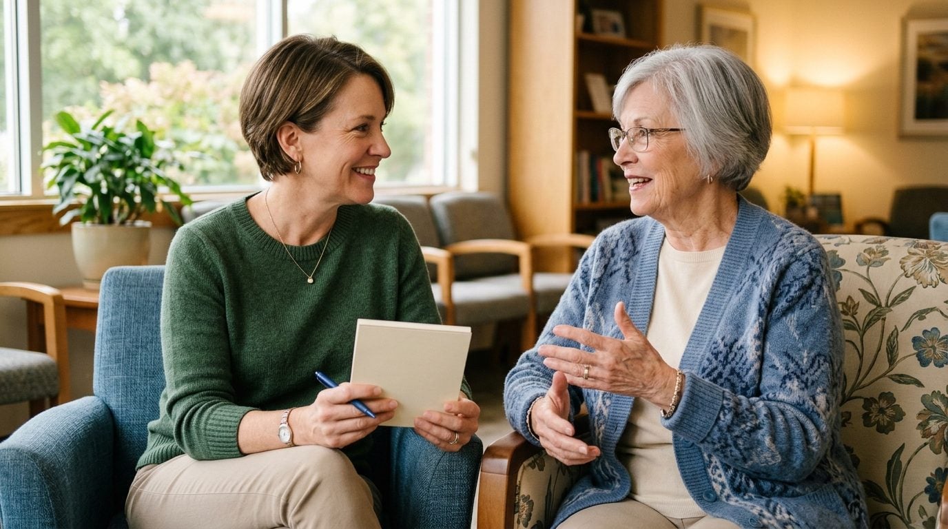 An adult daughter takes notes while her mother explains her joint pain before a surgical consult