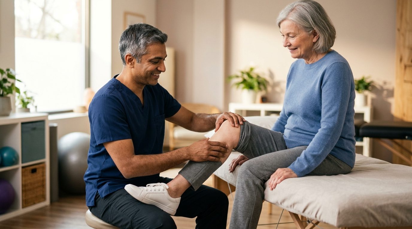 Physical therapist examines an older woman's knee during a conservative care evaluation in Salem, Oregon