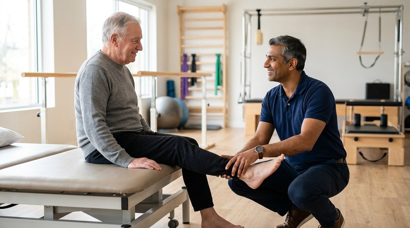 Physical therapist guiding an older man through slow ankle movements in a Salem physical therapy clinic