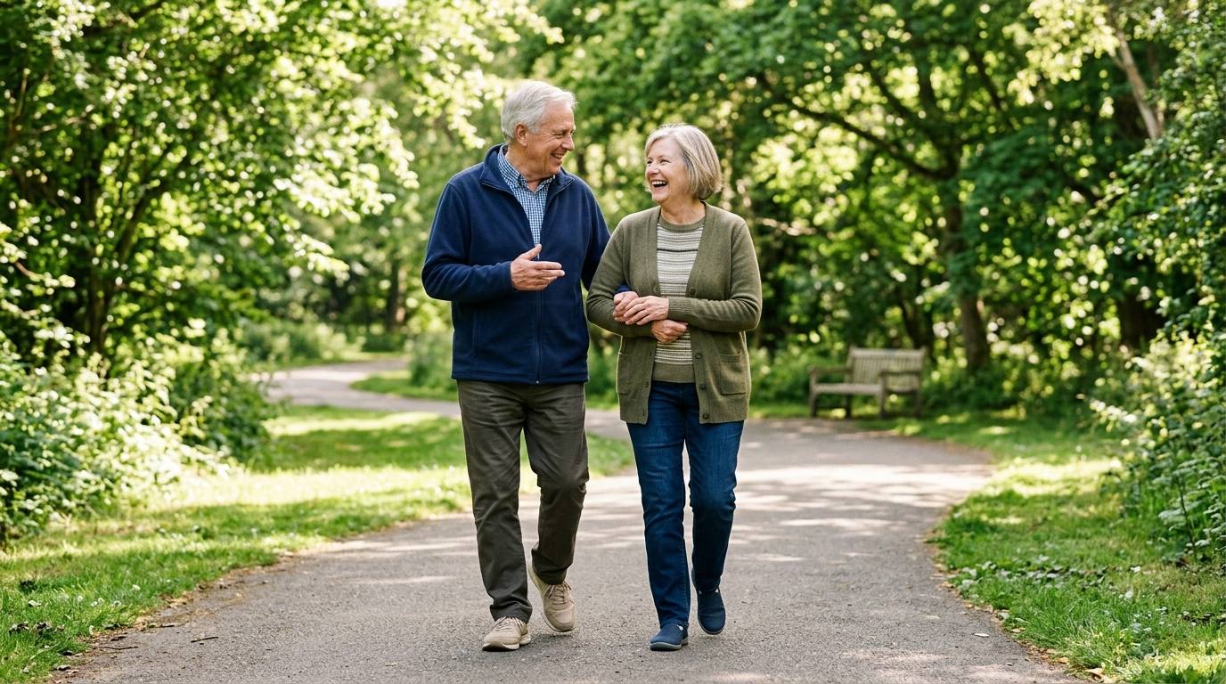 Older couple walking together at an easy pace along a park path
