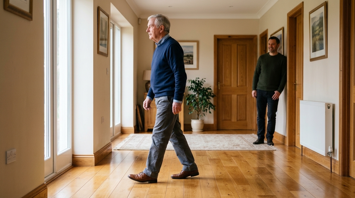 An older man walking at his usual pace down a clear home hallway while his son times the 4 meter walk test