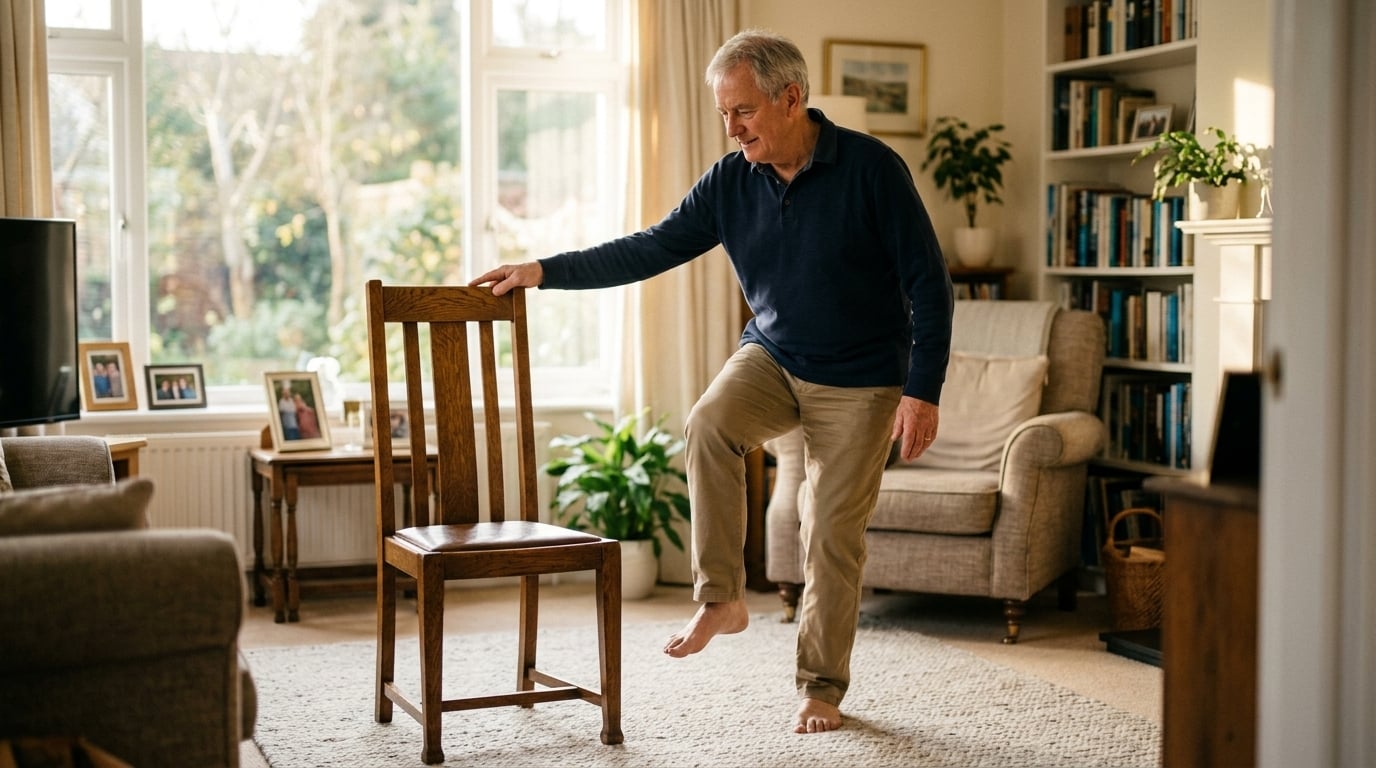 Older man practicing a gentle balance exercise at home, one hand resting on the back of a sturdy chair