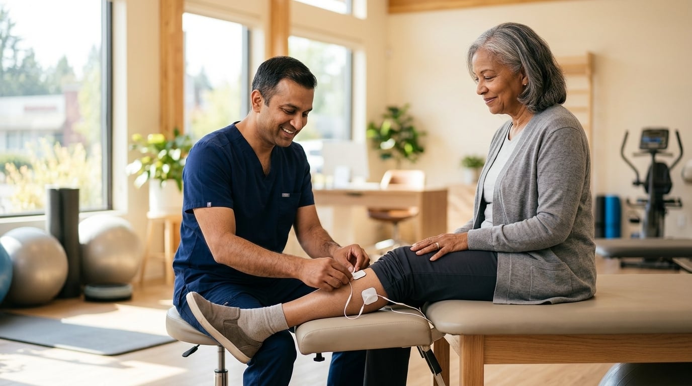 Physical therapist placing small electrode pads on an older adult's lower leg during an electrical stimulation therapy session in a bright Salem clinic