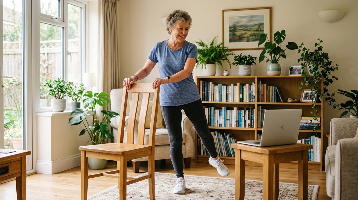 Older woman exercising at home following her physical therapist's guidance on a laptop screen, holding the back of a sturdy chair