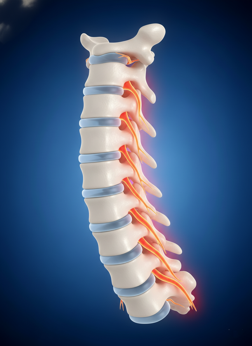 Medical illustration of cervical spine showing neck pain on blue background. Medical illustration of cervical spine showing neck pain on blue background.