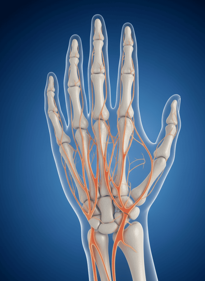 Medical illustration of hand showing  hand pain on blue background.