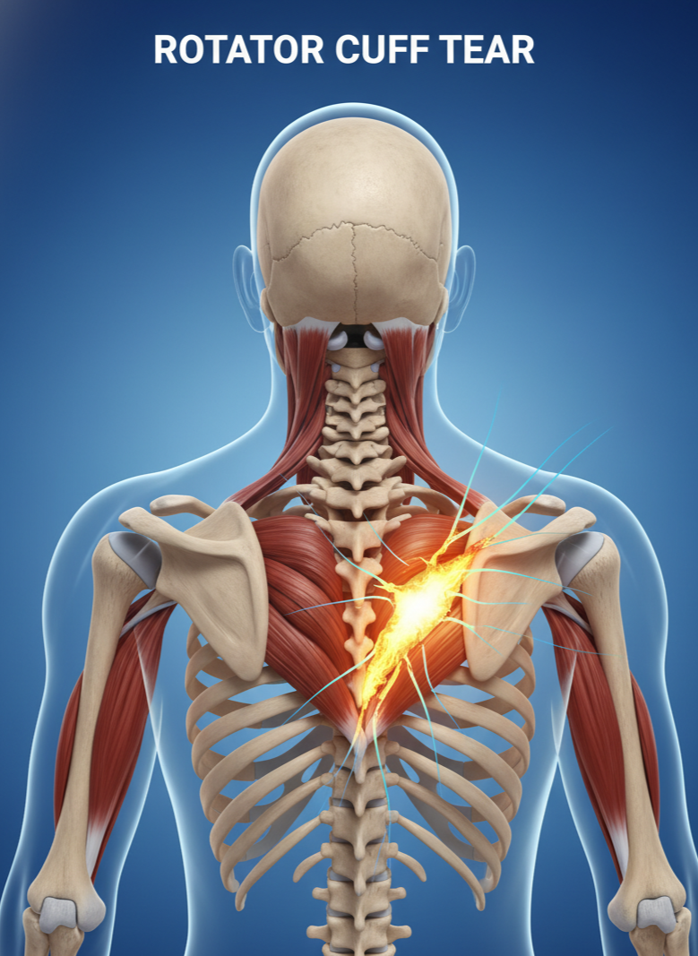 Medical rotator cuff tears showing hand pain on blue background