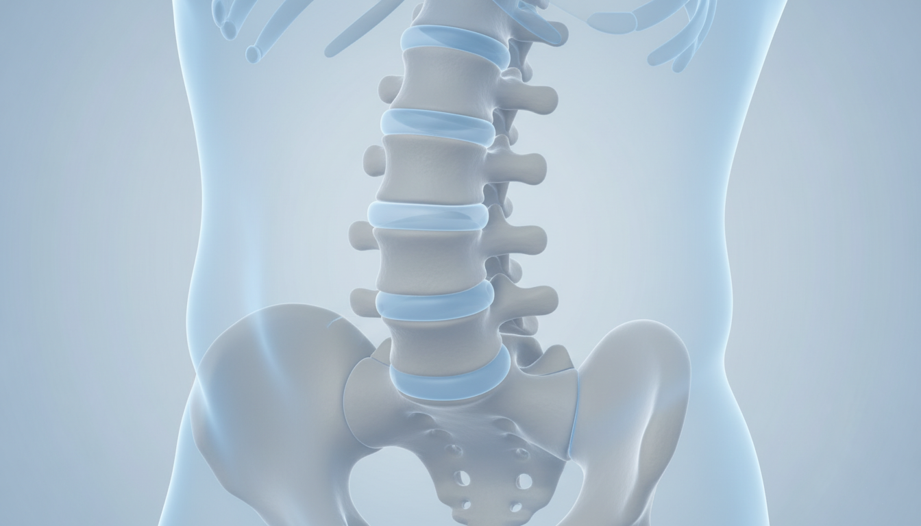 Medical illustration of the lumbar spine showing a mild to moderate disc bulge, supporting disc bulge physical therapy education